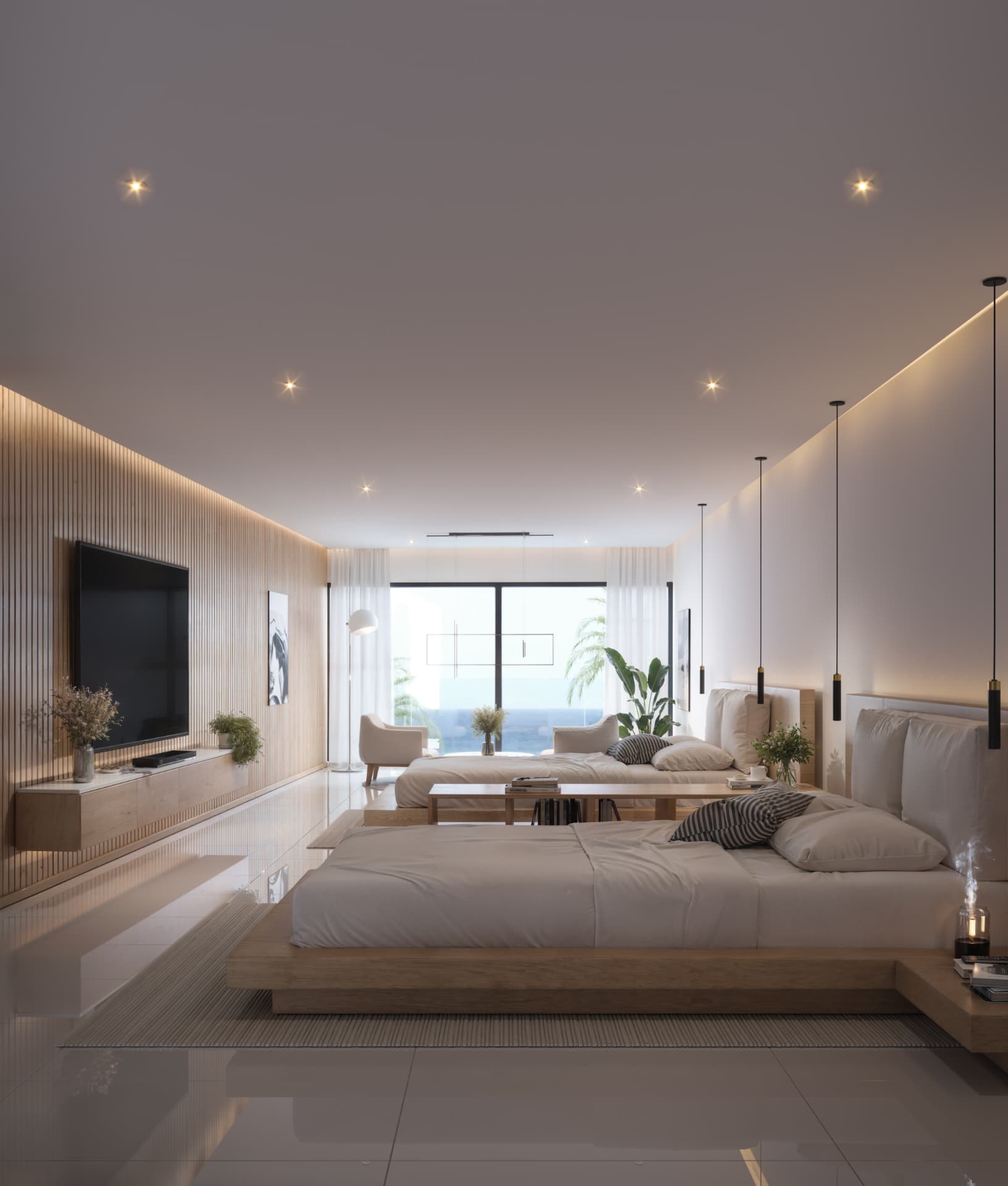 Render arquitectónico de una habitación de SEAZEN SUITES